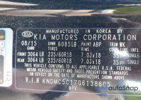 2016 Kia Sedona Ex z USA, uszkodzony, nr VIN KNDMC5C17G6138605